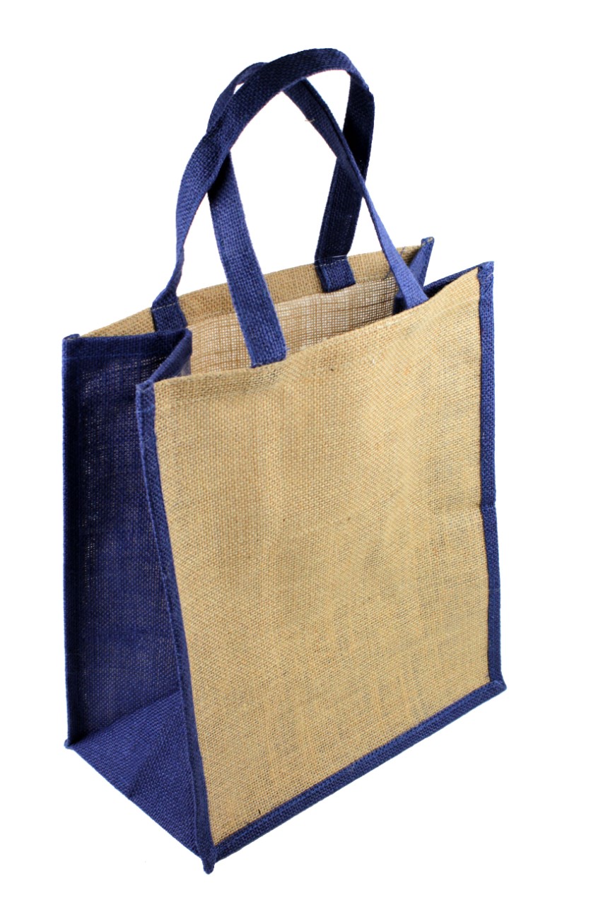 Blue Gusset Jute Tote Bag w/Blue Handles - 12" x 14" x 7"