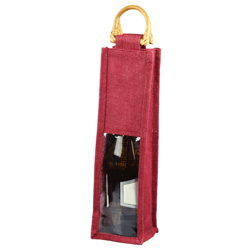 Burgundy Burlap Wine Bag with Clear Window - 4" X 4" x14" - Click Image to Close