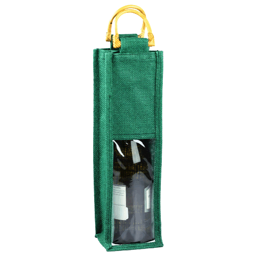 Green Burlap Wine Bag with Clear Window - 4" x 4" x 14" - Click Image to Close