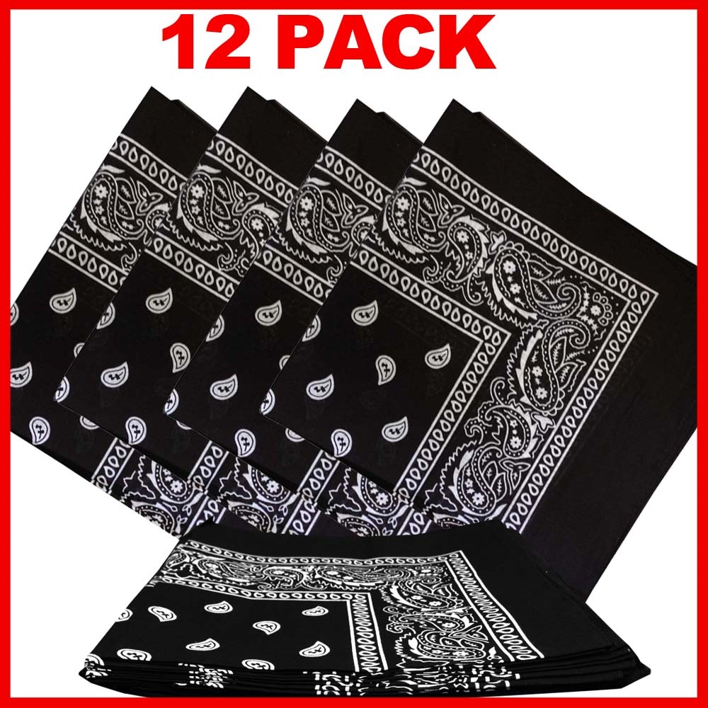 Paisley Bandana (100% Cotton) -Black 22" x 22" 12 Pack