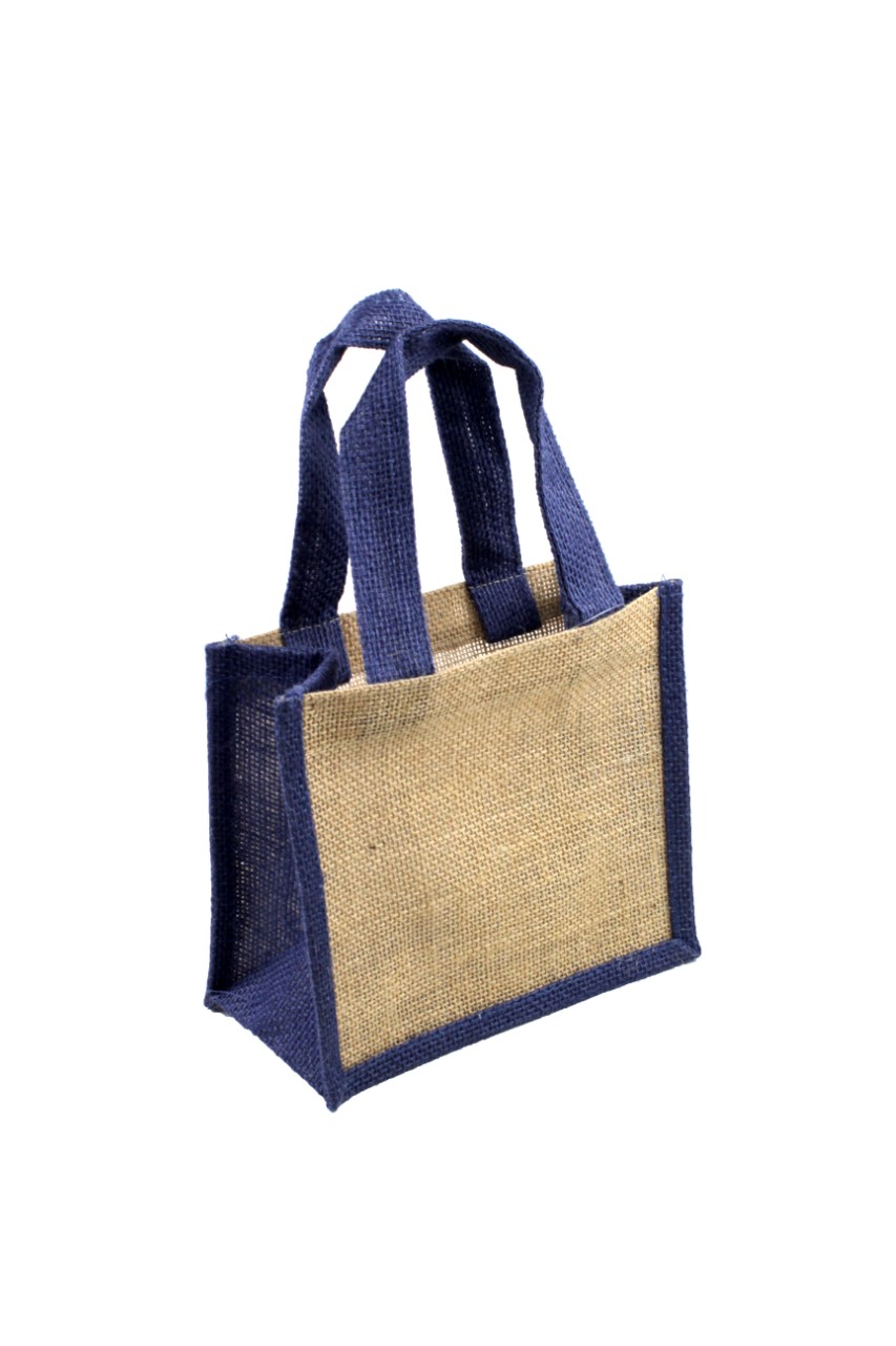 Blue Gusset Jute Tote Bag w/Blue Handles - 8" x 6" x 4" - Click Image to Close