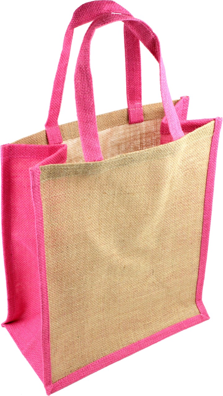 Pink Gusset Jute Tote Bag w/PinkHandles - 12" x 14" x 7"