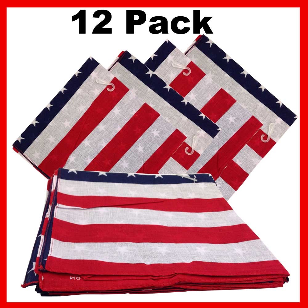100% Cotton American Flag Bandanas - 22" x 22" Pack of 12
