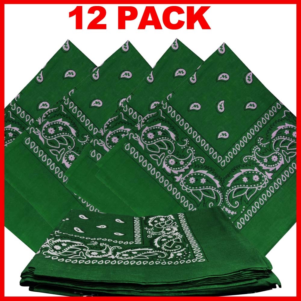 Paisley Bandana (100% Cotton) -Green 22" x 22" 12 Pack
