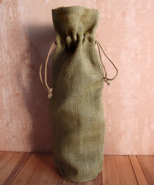 Burlap Wine Bag W/ Drawstring in Olive Green - 6" x 15" x 3.5"
