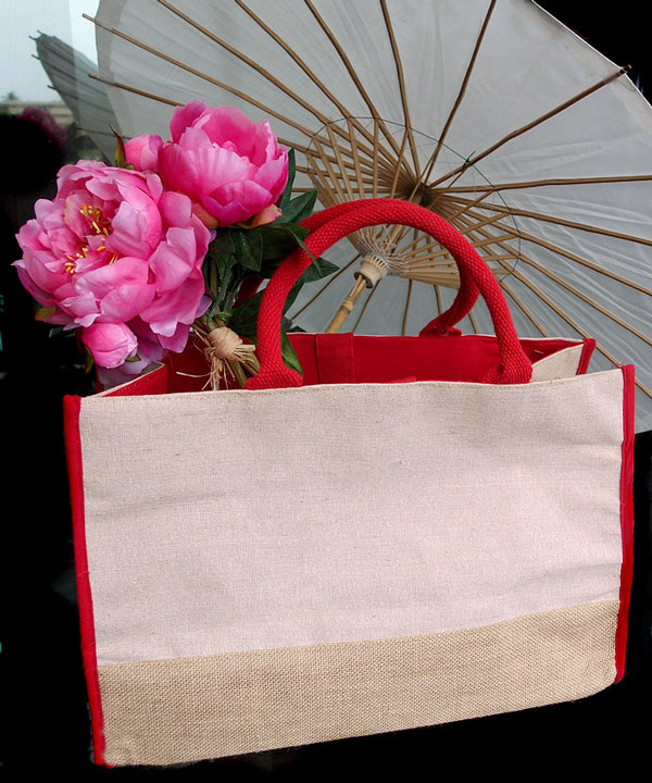 Cotton and Jute Tote Bag w/Red Accents - 17.5" x 11.5" x 8.5"