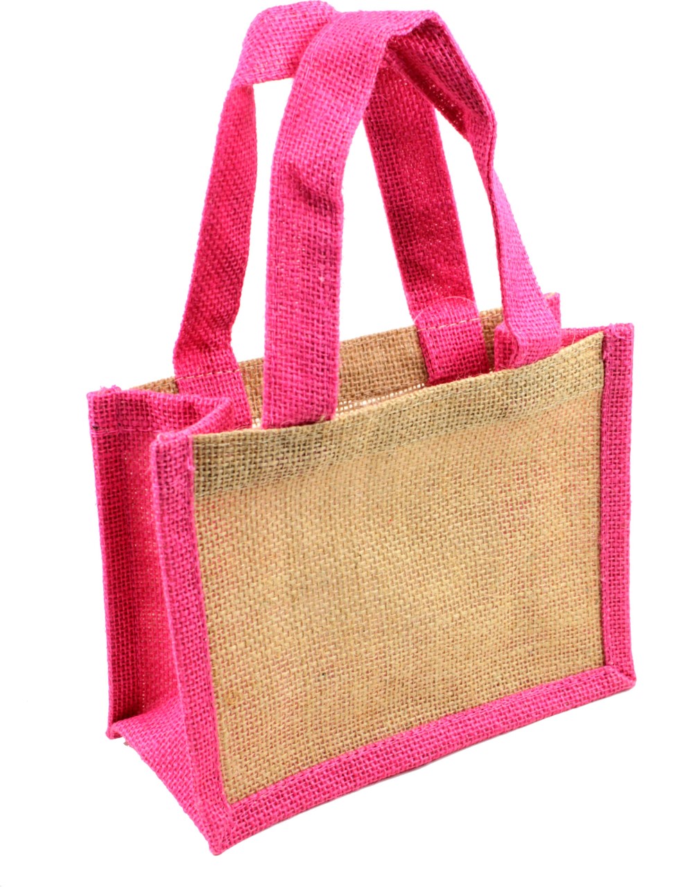 Pink Gusset Jute Tote Bag w/PinkHandles - 8" x 6" x 4"